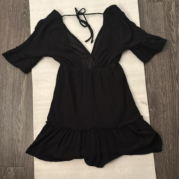 FAVLUX Black V-Neck Babydoll Mini Dress S Boho Costal Cowgirl Festival Indie LBD - Picture 6 of 11